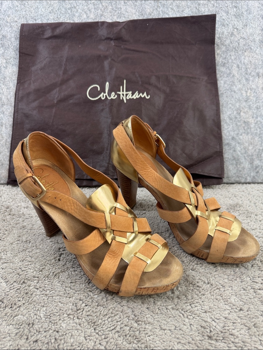 Cole Haan Womens Platform Shoes 7.5 Brown and Gold Leather Heels Sandals